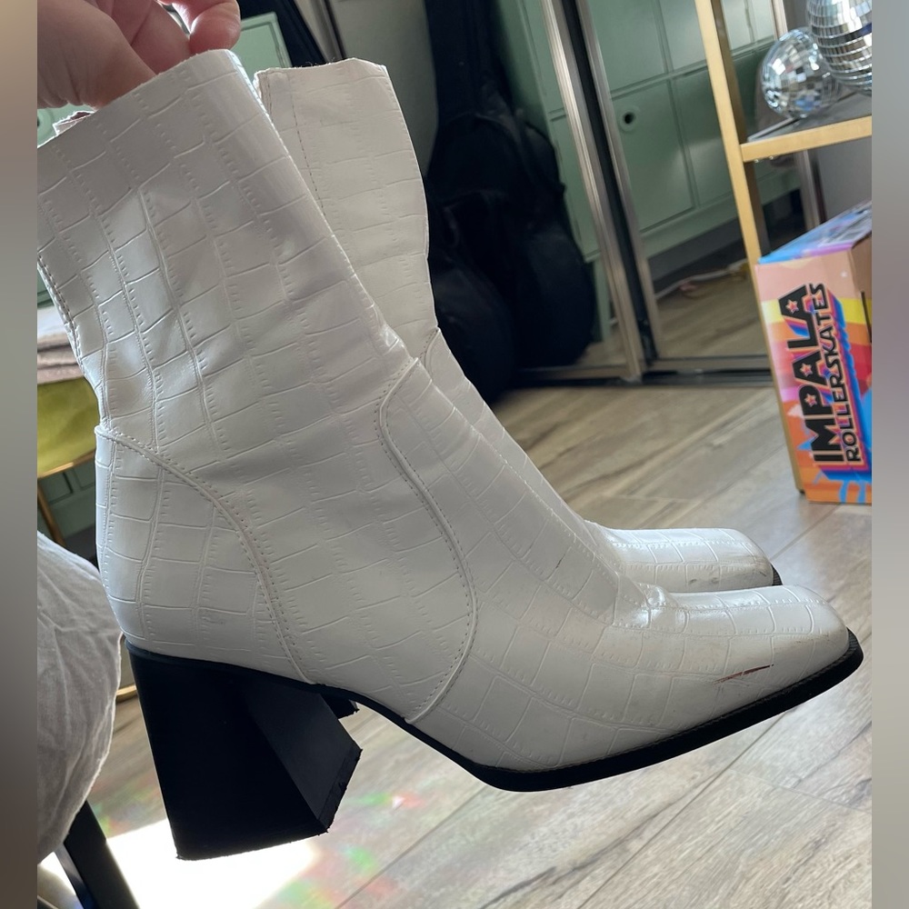 Faux Leather Square Toed Heeled Boots